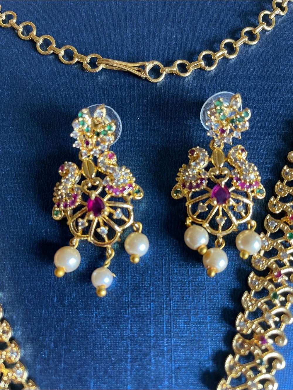 Gold Filigree Pendant Necklace and Earring Set with Pink & Green Accents